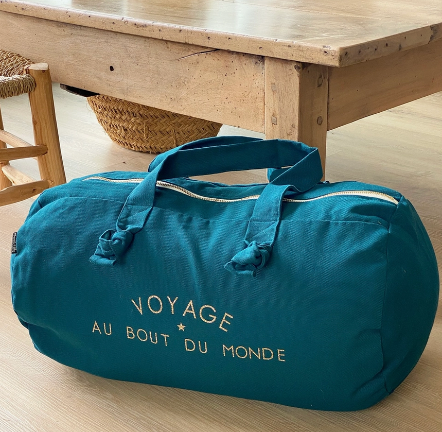 Sac Polochon "Voyage au bout du monde" bleu paon