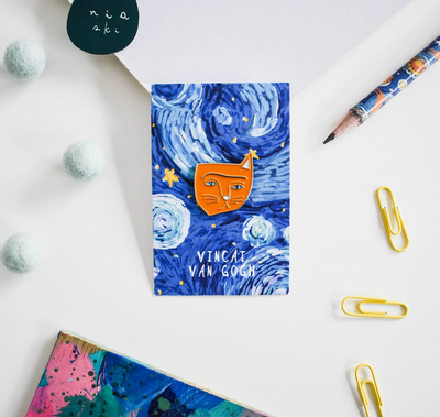 Broche d'artiste en forme de chat Vincat Van Gogh