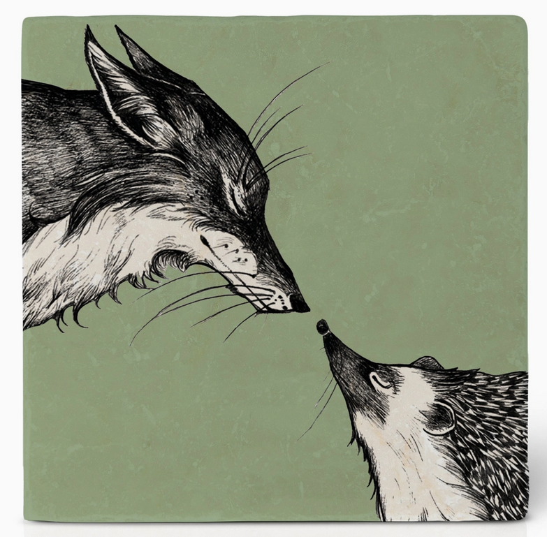Sous-verre en pierre naturelle - Le baiser renard hérisson