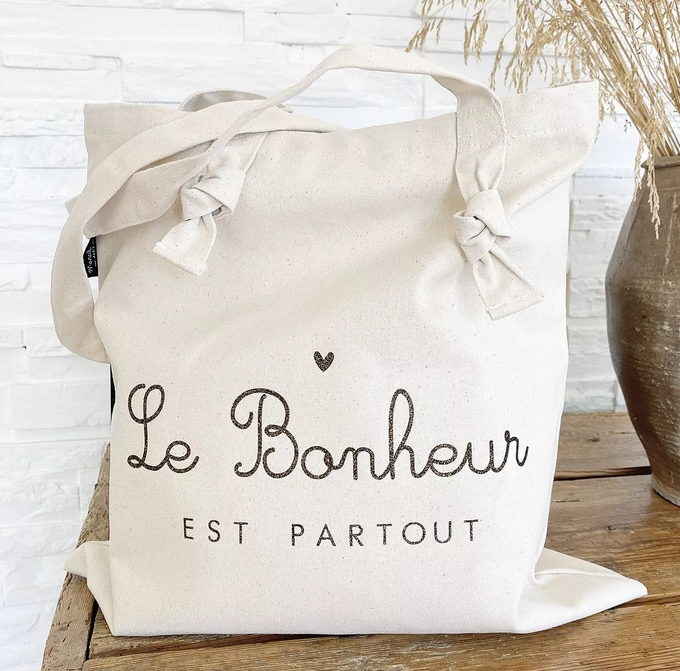 Tote-Bag à noeuds écru " Le Bonheur est partout"  - Marcel et Lily