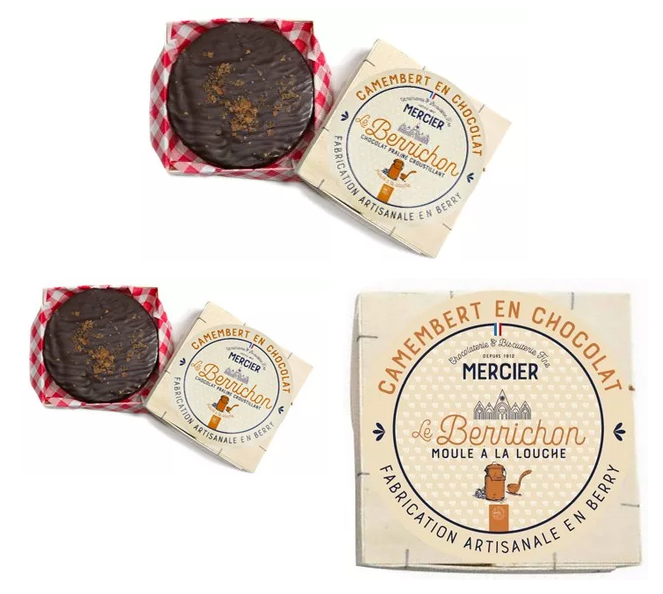 camembert chocolat noir avec cœur praliné croustillant dans boîte en bois